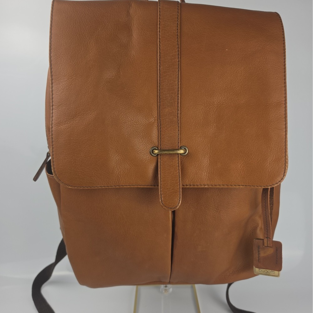 Bugatti Cognac Brown Genuine Leather Flap Backpack Laptop Bag Rucksack